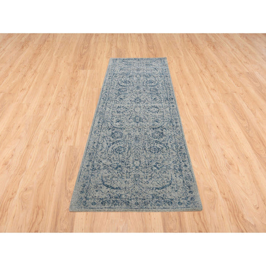 Transitional Wool & Silk Hand Loomed Rug Blue No Border 2.6X8.1 -O063514