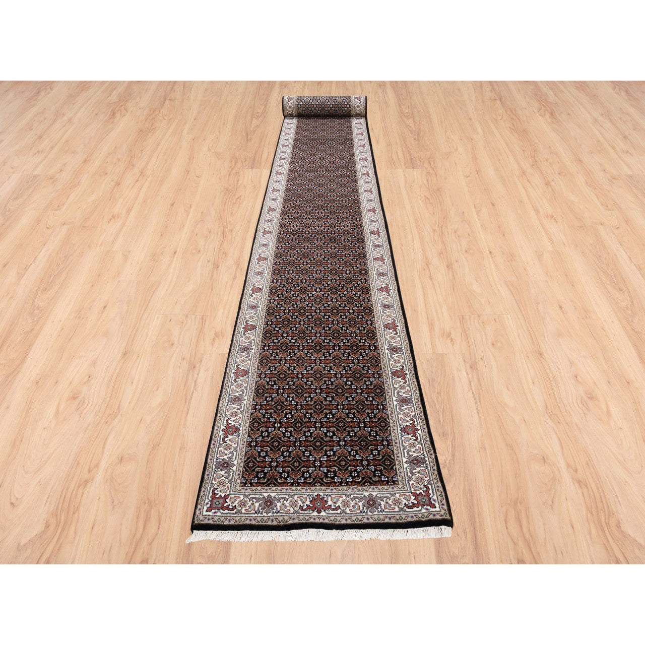 Fine Oriental Wool Hand Knotted Rug Black Ivory 2.5X20.0 -O063530