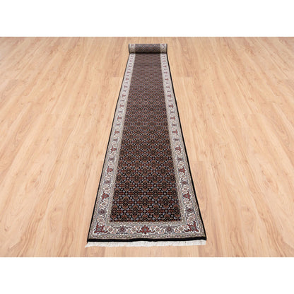 Fine Oriental Wool Hand Knotted Rug Black Ivory 2.5X20.0 -O063530