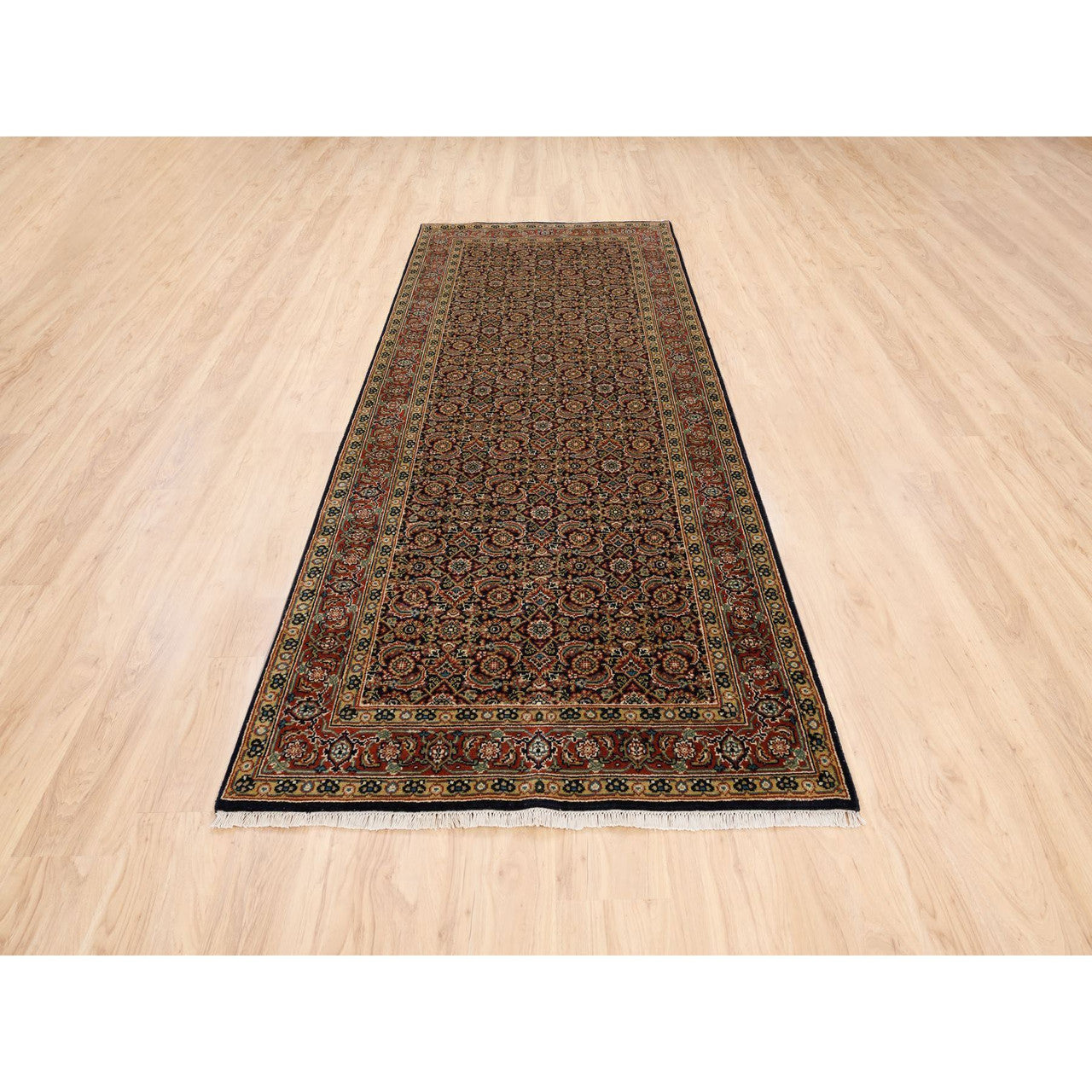 Fine Oriental Wool Hand Knotted Rug Black Red 4.0X10.1 -O063540
