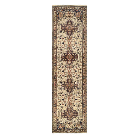 Heriz Wool Hand Knotted Rug Beige Black 2.7X10.3 -O063588