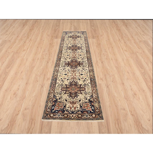 Heriz Wool Hand Knotted Rug Beige Black 2.7X10.3 -O063588