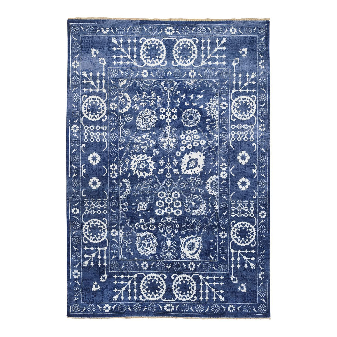 Blue 6'0" x 8'10" Transitional Denim Hand knotted Wool/Silk Rug - Sku: O063603