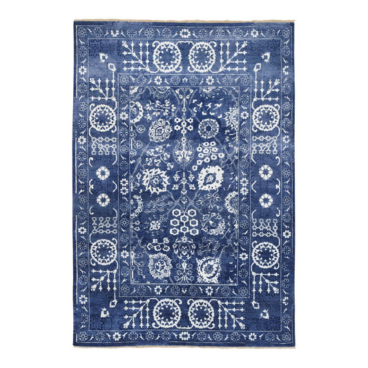 Transitional Wool & Silk Hand Knotted Rug Blue Denim Blue 6.0X8.10 -O063603