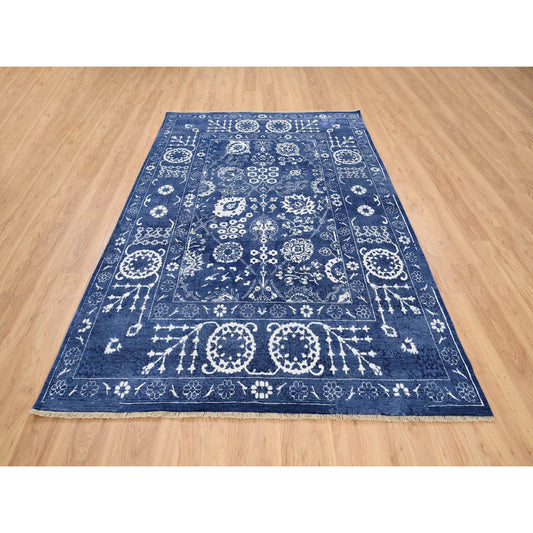 Transitional Wool & Silk Hand Knotted Rug Blue Denim Blue 6.0X8.10 -O063603
