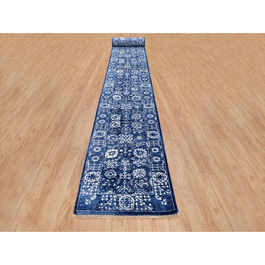 Transitional Wool & Silk Hand Knotted Rug Blue Denim Blue 2.6X23.10 -O063605