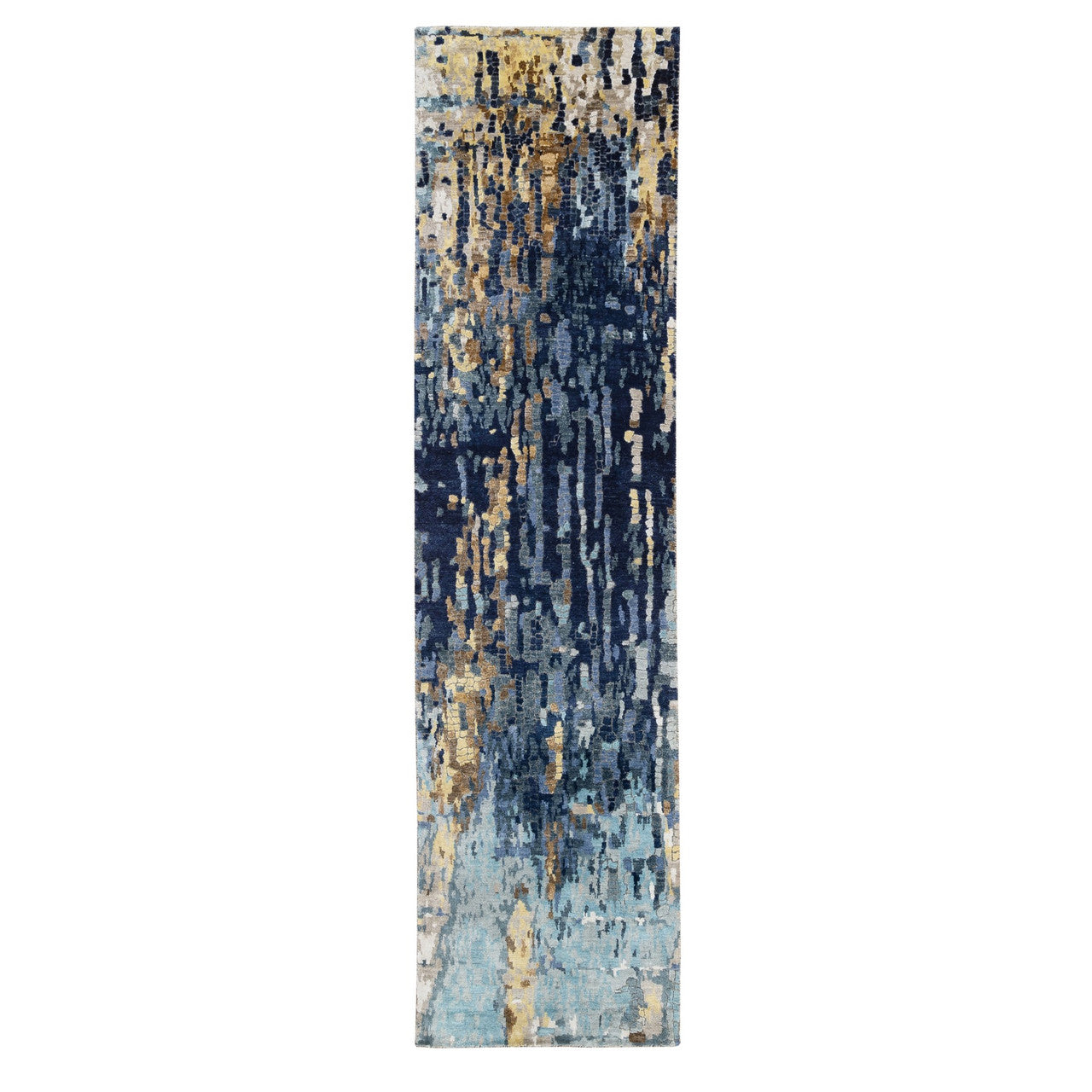 Blue 2'6" x 10'0" Modern and Contemporary Hand knotted Wool/Silk Rug - Sku: O063666