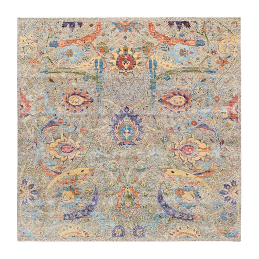 Transitional Wool & Silk Hand Knotted Rug Beige No Border 8.0X8.0 -O063683
