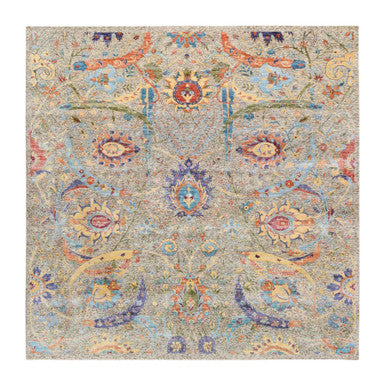 Transitional Wool & Silk Hand Knotted Rug Beige No Border 8.0X8.0 -O063683