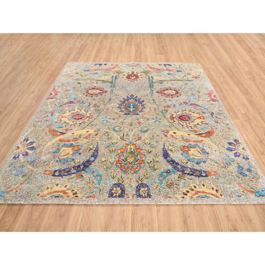 Transitional Wool & Silk Hand Knotted Rug Beige No Border 8.0X8.0 -O063683