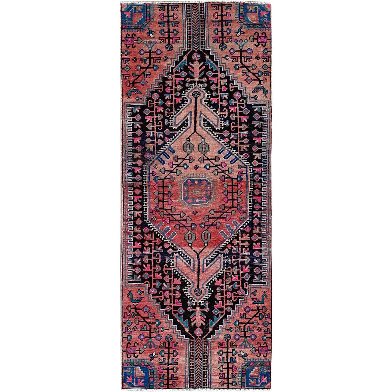 Overdyed & Vintage Wool Hand Knotted Rug Red 3.4x8.8 -O0636