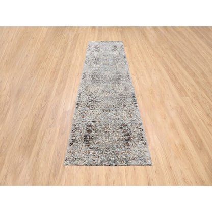 Transitional Wool & Silk Hand Knotted Rug Grey No Border 2.6X10.0 -O063707