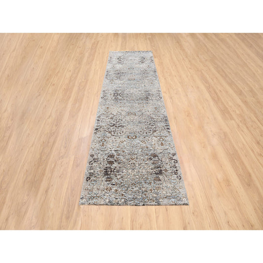 Transitional Wool & Silk Hand Knotted Rug Grey No Border 2.6X10.0 -O063707