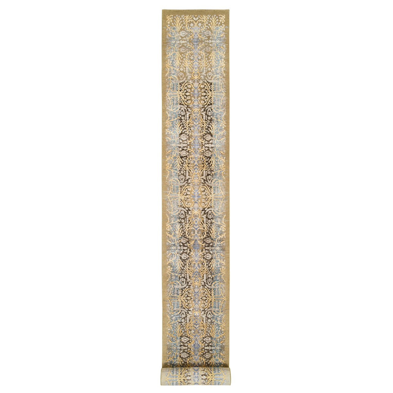 Brown 2'7" x 22'0" Transitional Hand knotted Wool/Silk Rug - Sku: O063718