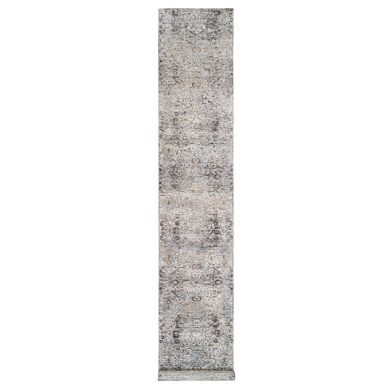 Gray 2'6" x 16'0" Transitional Hand knotted Wool/Silk Rug - Sku: O063722