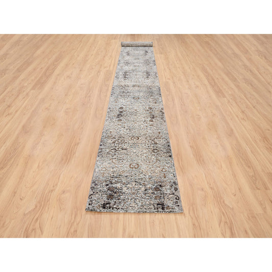 Transitional Wool & Silk Hand Knotted Rug Grey No Border 2.6X16.0 -O063722