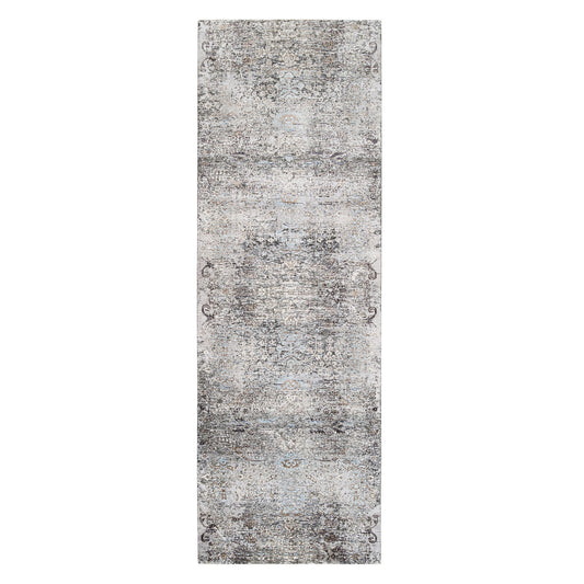 Transitional Wool & Silk Hand Knotted Rug Grey No Border 4.0X12.0 -O063732