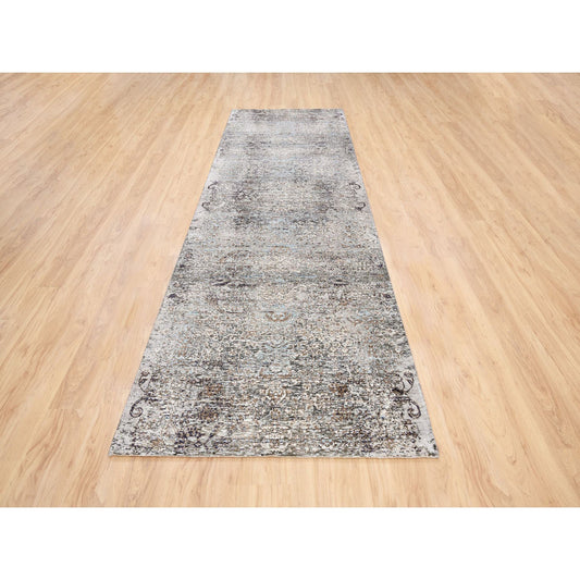 Transitional Wool & Silk Hand Knotted Rug Grey No Border 4.0X12.0 -O063732