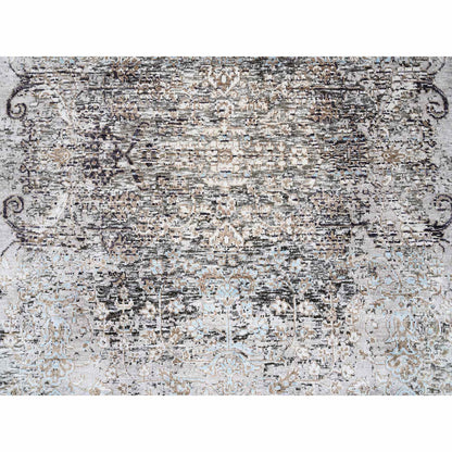 Transitional Wool & Silk Hand Knotted Rug Grey No Border 4.0X12.0 -O063732