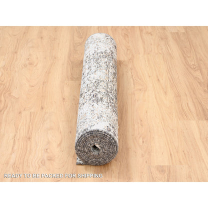 Transitional Wool & Silk Hand Knotted Rug Grey No Border 4.0X12.0 -O063732