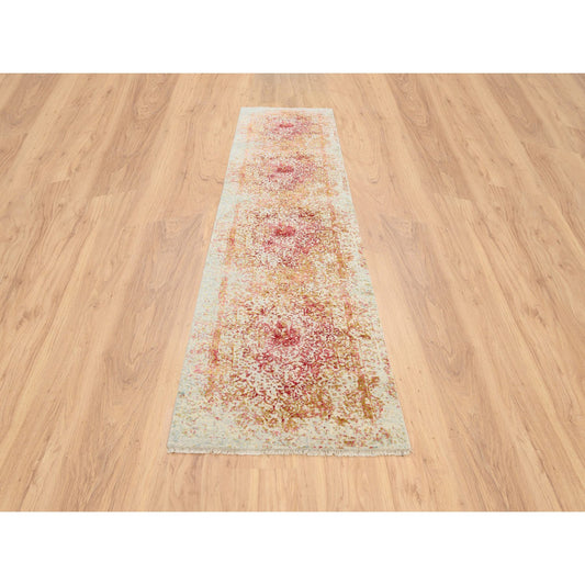 Modern and Contemporary Wool & Silk Hand Knotted Rug Pink No Border 2.6X11.10 -O063759