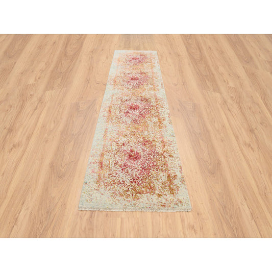 Modern and Contemporary Wool & Silk Hand Knotted Rug Pink No Border 2.6X11.10 -O063760