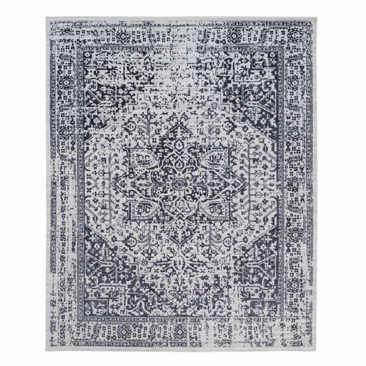 Heriz Wool & Silk Hand Loomed Rug Black Ivory 8.0X10.0 -O063787