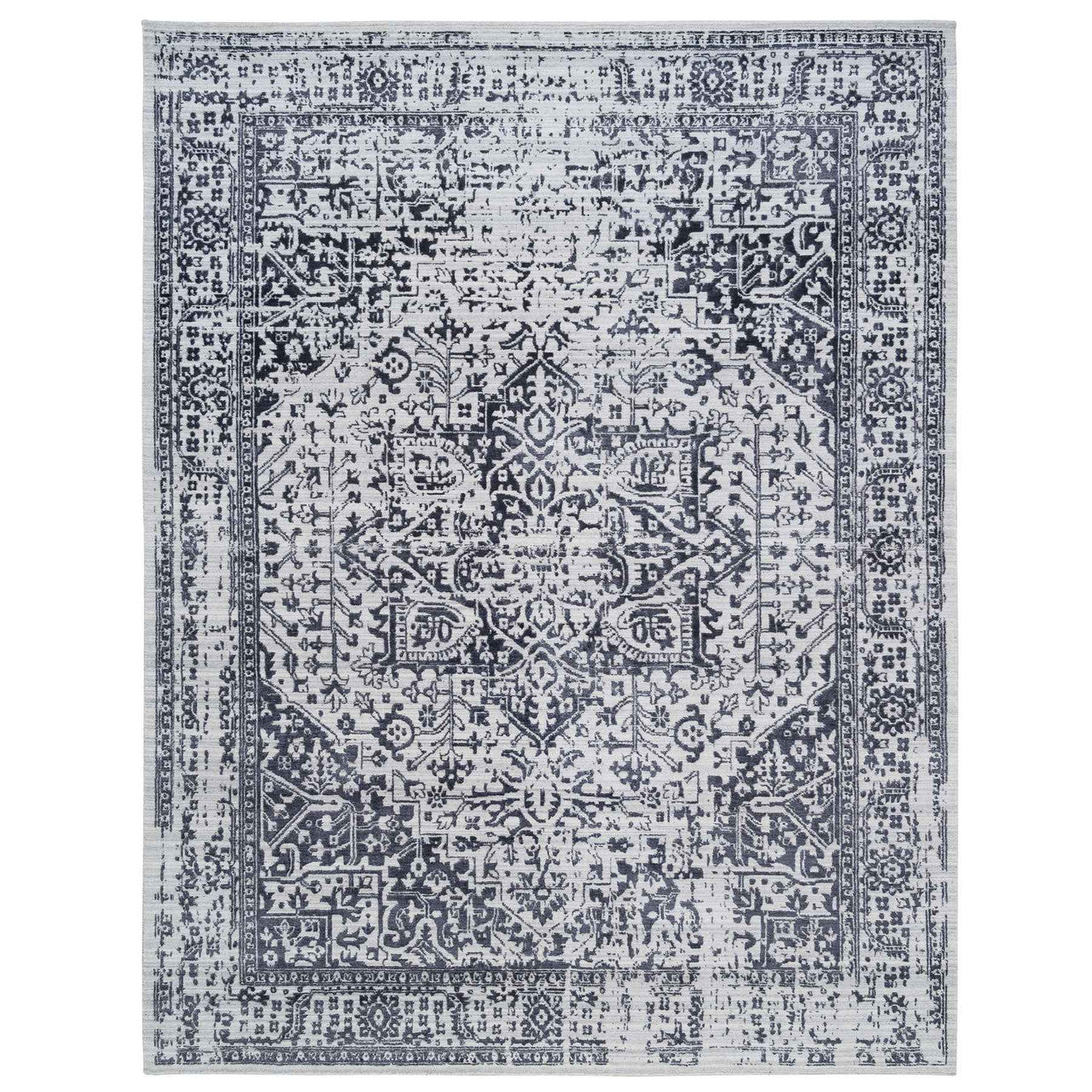 Black 9'0" x 11'10" Heriz Handloom Wool/Silk Rug -O063790