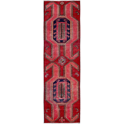 Overdyed & Vintage Wool Hand Knotted Rug Red 2.7x8.8 -O0637