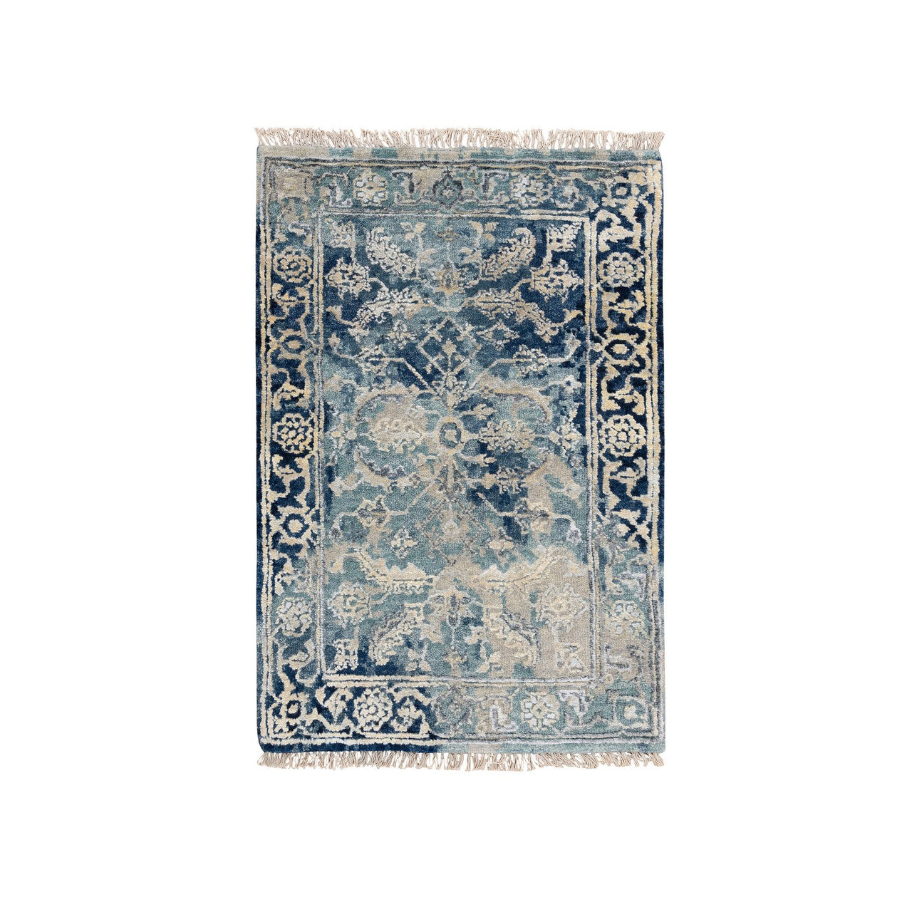 Blue 2'0" x 3'1" Transitional Hand knotted Wool/Silk Rug - Sku: O063890