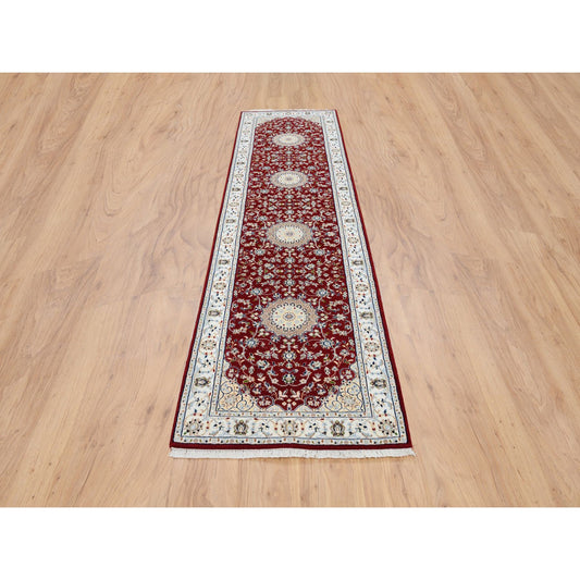 Fine Oriental Wool Hand Knotted Rug Red Ivory 2.8X10.2 -O063973