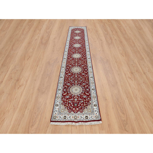 Fine Oriental Wool Hand Knotted Rug Red Ivory 2.7X14.1 -O063974