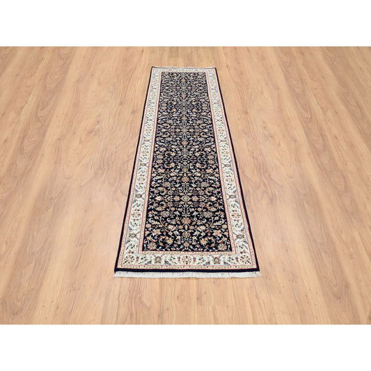 Fine Oriental Wool Hand Knotted Rug Blue Ivory 2.8X10.0 -O063986