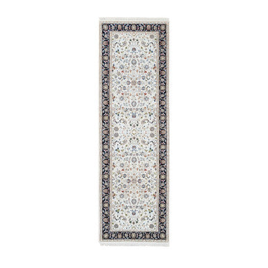 Fine Oriental Wool Hand Knotted Rug Ivory Navy Blue 2.7X8.3 -O063987