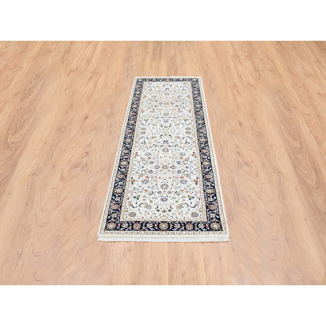 Fine Oriental Wool Hand Knotted Rug Ivory Navy Blue 2.7X8.3 -O063987
