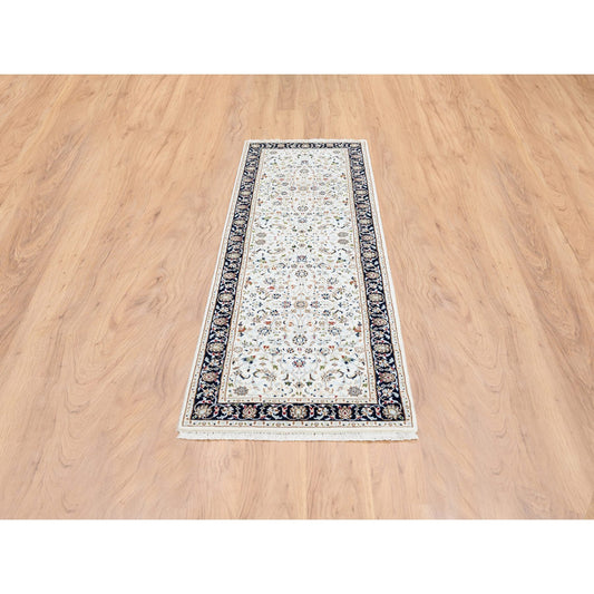 Fine Oriental Wool Hand Knotted Rug Ivory Navy Blue 2.7X8.3 -O063987
