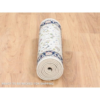 Fine Oriental Wool Hand Knotted Rug Ivory Navy Blue 2.7X8.3 -O063987