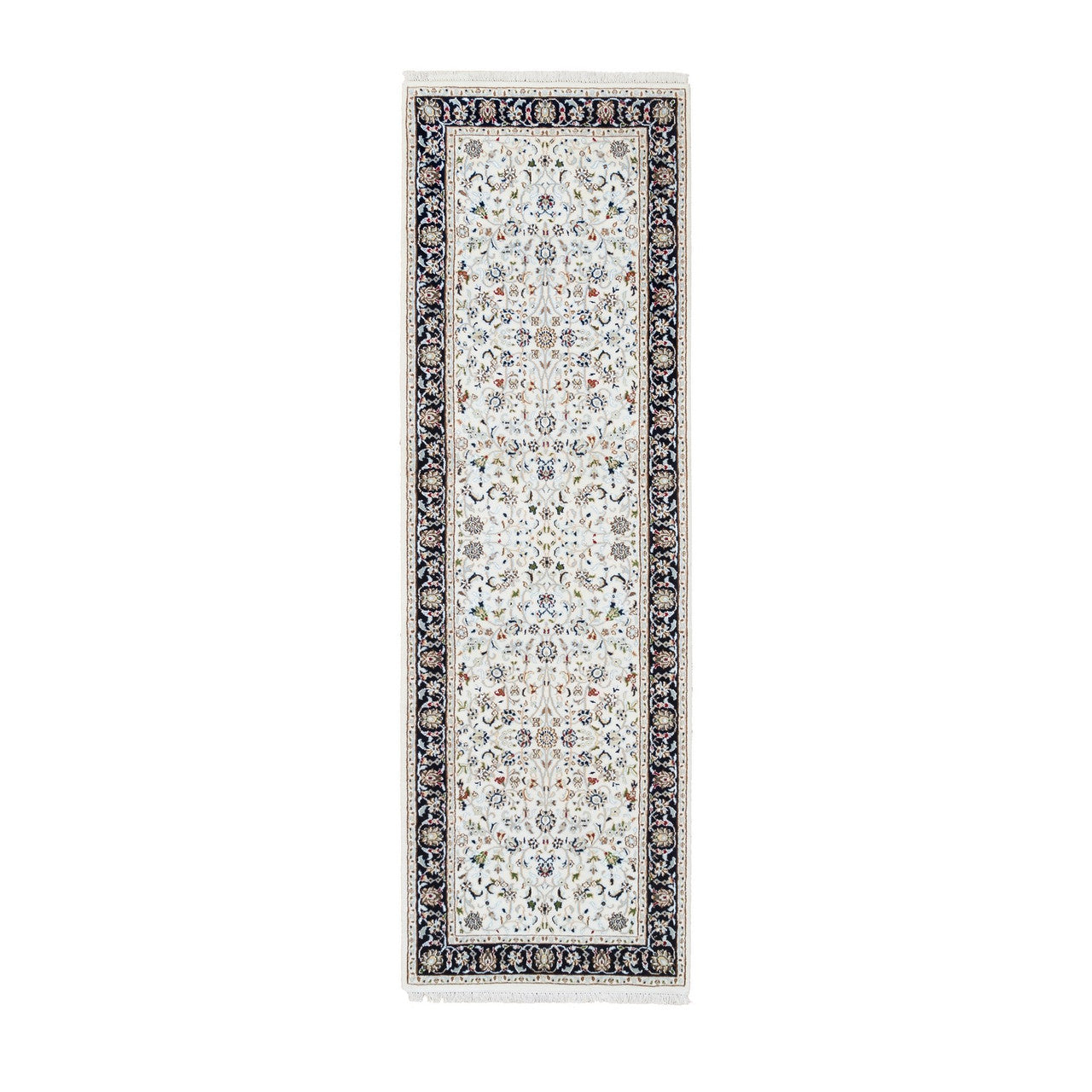 Fine Oriental Wool Hand Knotted Rug Ivory Navy Blue 2.8X8.3 -O063989