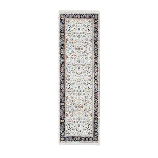 Fine Oriental Wool Hand Knotted Rug Ivory Navy Blue 2.8X8.3 -O063989