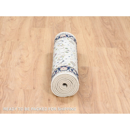 Fine Oriental Wool Hand Knotted Rug Ivory Navy Blue 2.8X8.3 -O063989
