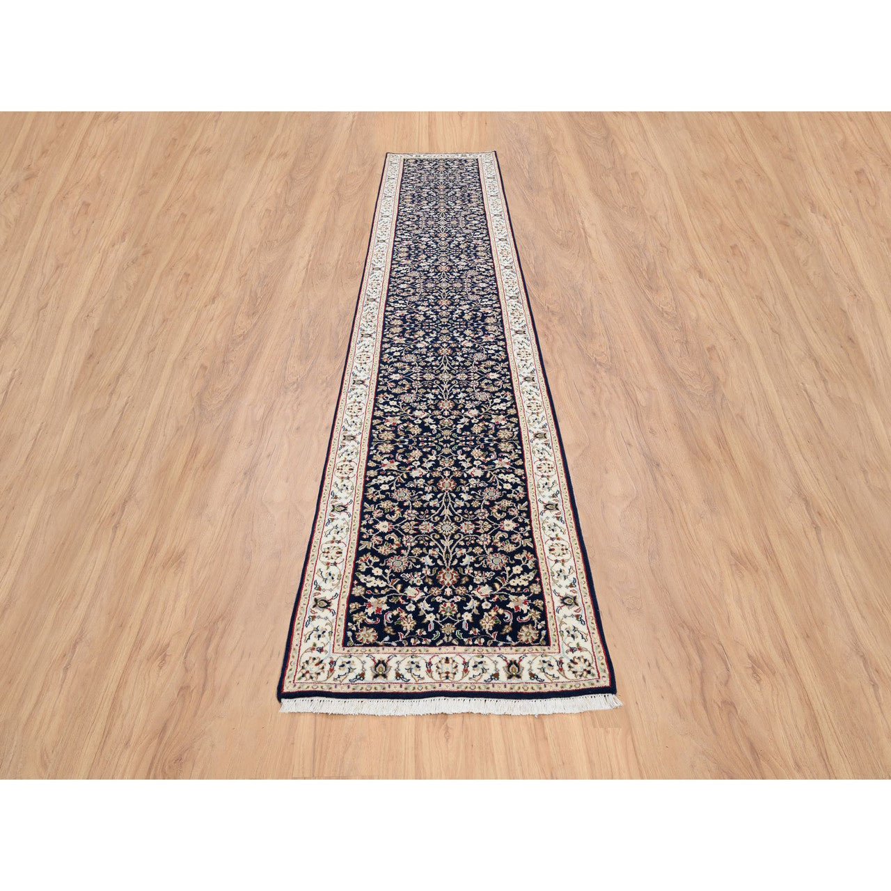 Fine Oriental Wool Hand Knotted Rug Blue Ivory 2.9X14.0 -O063999