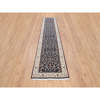Fine Oriental Wool Hand Knotted Rug Blue Ivory 2.9X14.0 -O063999