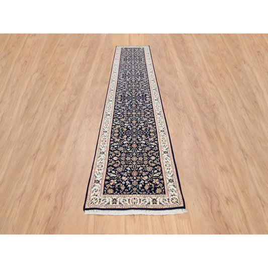Fine Oriental Wool Hand Knotted Rug Blue Ivory 2.9X14.0 -O063999