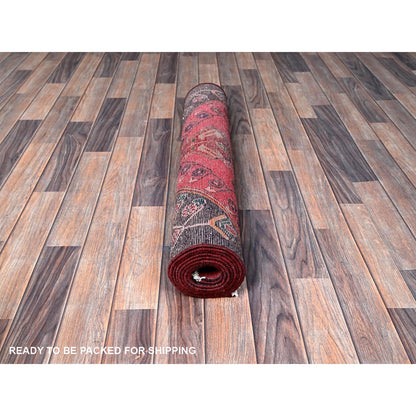 Overdyed & Vintage Wool Hand Knotted Rug Red 3.1x9.0 -O0639