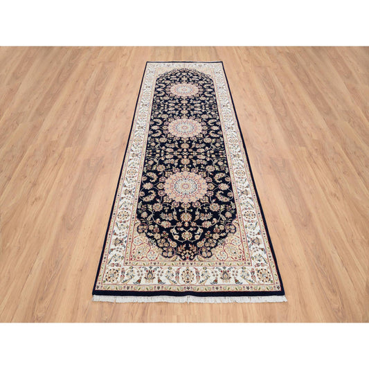 Fine Oriental Wool Hand Knotted Rug Blue Ivory 4.0X12.0 -O064000