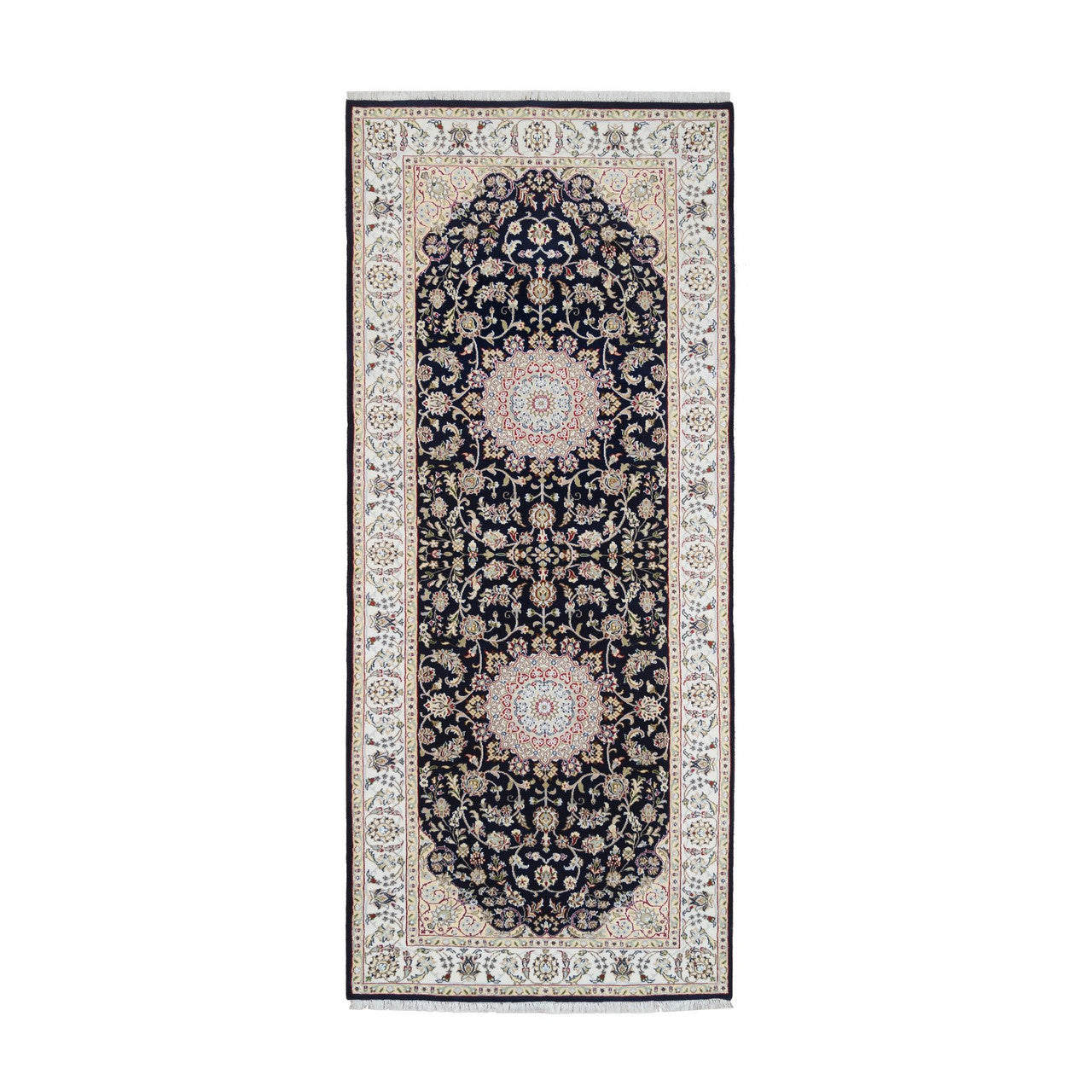 Fine Oriental Wool Hand Knotted Rug Blue Ivory 4.2X10.4 -O064007