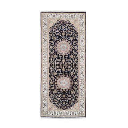 Fine Oriental Wool Hand Knotted Rug Blue Ivory 4.2X10.4 -O064007