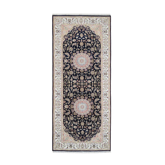 Fine Oriental Wool Hand Knotted Rug Blue Ivory 4.2X10.4 -O064007