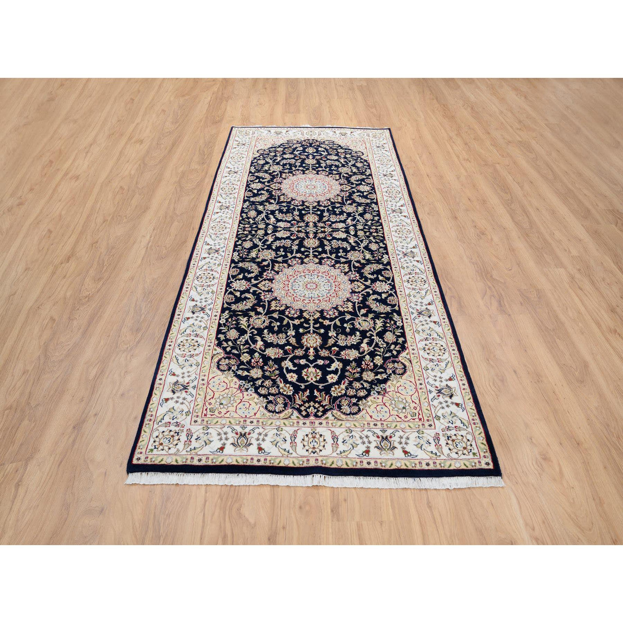 Fine Oriental Wool Hand Knotted Rug Blue Ivory 4.2X10.4 -O064007