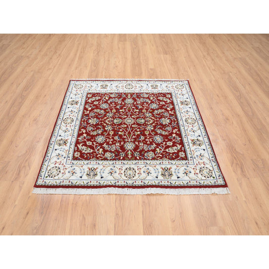 Fine Oriental Wool Hand Knotted Rug Red Ivory 5.0X5.1 -O064011